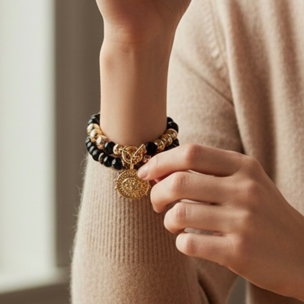 Anne Klein Women's Black Gold Beaded Triple Strand Lion Head Charm Bracelet Set
